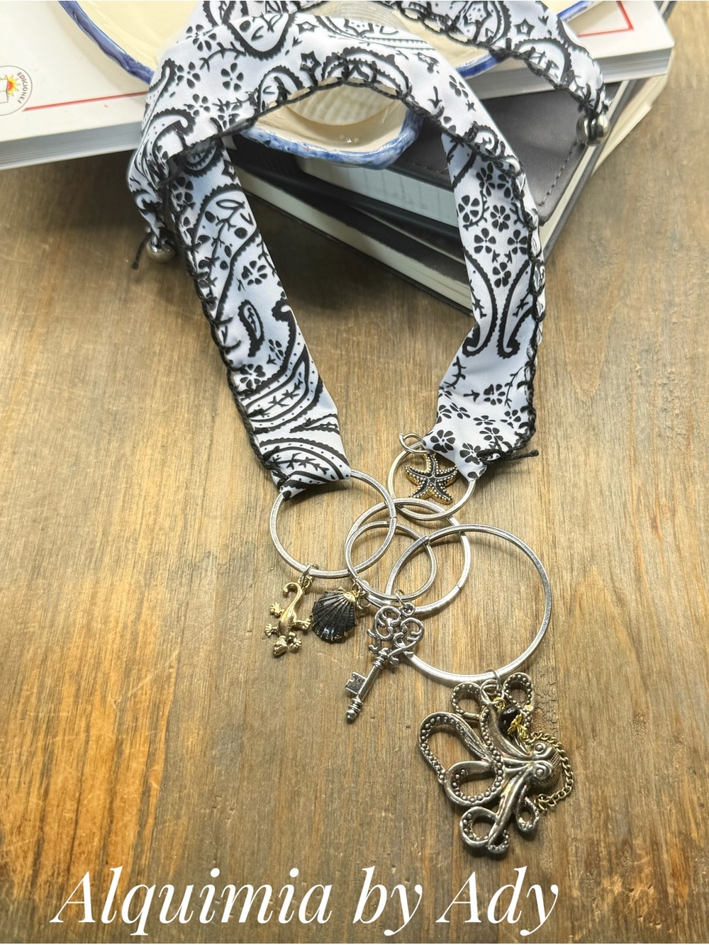 Alquimia Black & White Bandana Necklace with Mixed Metal Ocean Charms